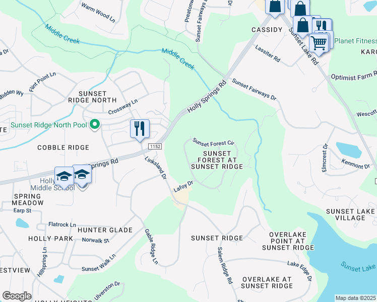 map of restaurants, bars, coffee shops, grocery stores, and more near 5009 Sunset Forest Circle in Holly Springs