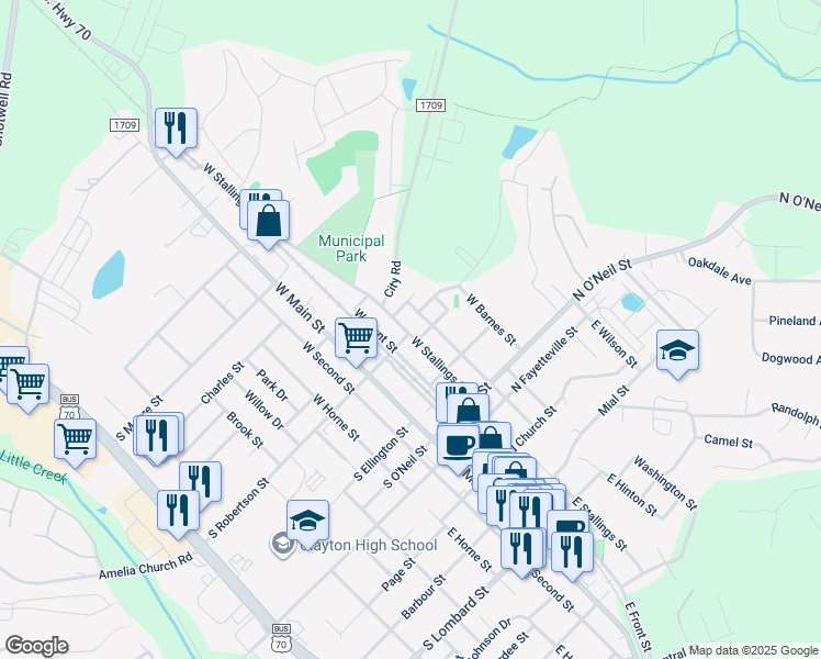 map of restaurants, bars, coffee shops, grocery stores, and more near 422 West Stallings Street in Clayton