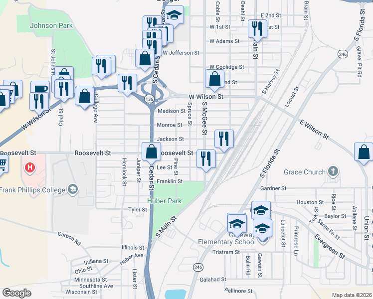 map of restaurants, bars, coffee shops, grocery stores, and more near 1001-1099 Spruce Street in Borger
