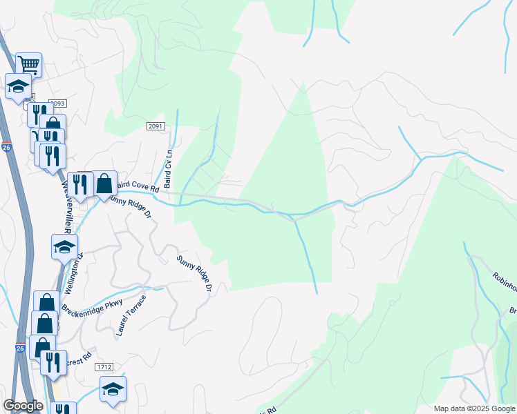 map of restaurants, bars, coffee shops, grocery stores, and more near 347 Baird Cove Road in Asheville