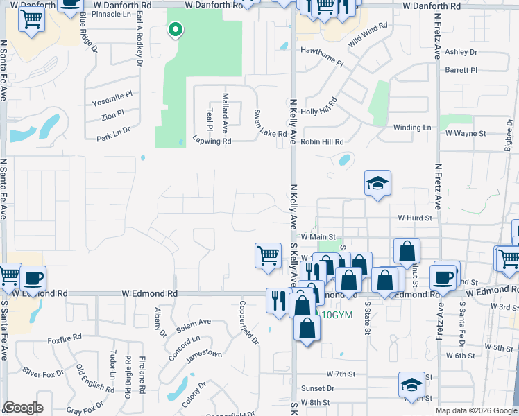map of restaurants, bars, coffee shops, grocery stores, and more near 1101 Pruett Drive in Edmond