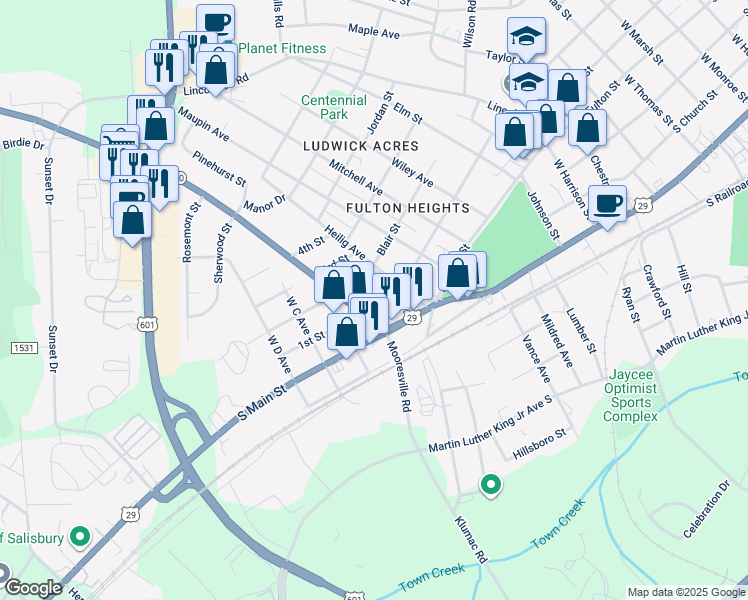 map of restaurants, bars, coffee shops, grocery stores, and more near 1530 1st Street in Salisbury