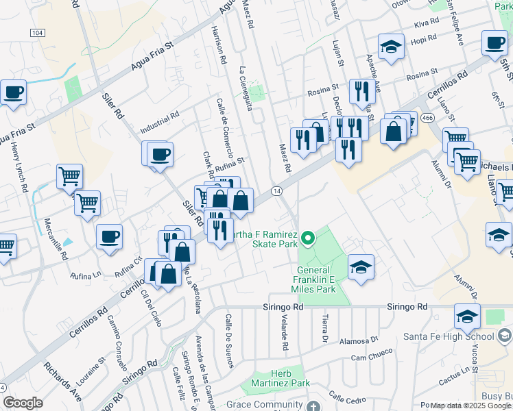 map of restaurants, bars, coffee shops, grocery stores, and more near 2800 Cerrillos Road in Santa Fe