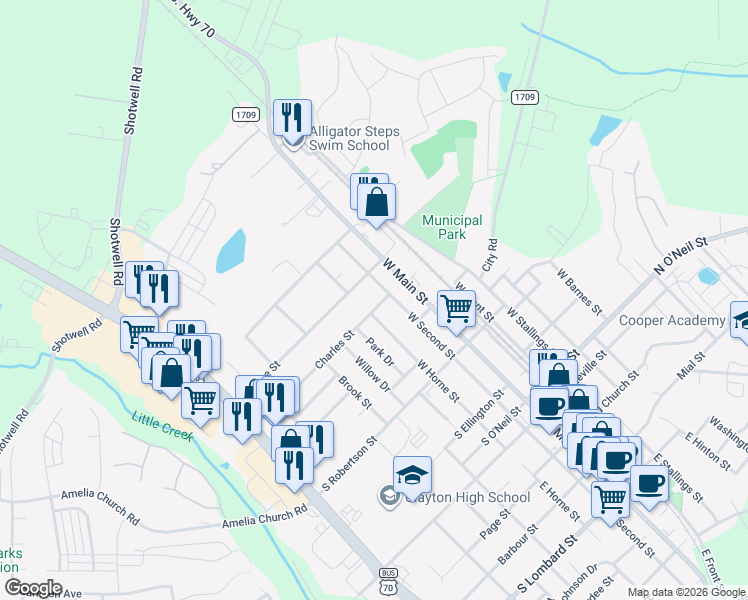 map of restaurants, bars, coffee shops, grocery stores, and more near 542 West 2nd Street in Clayton
