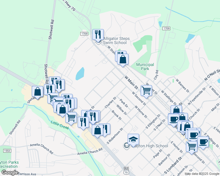 map of restaurants, bars, coffee shops, grocery stores, and more near 709 West Horne Street in Clayton