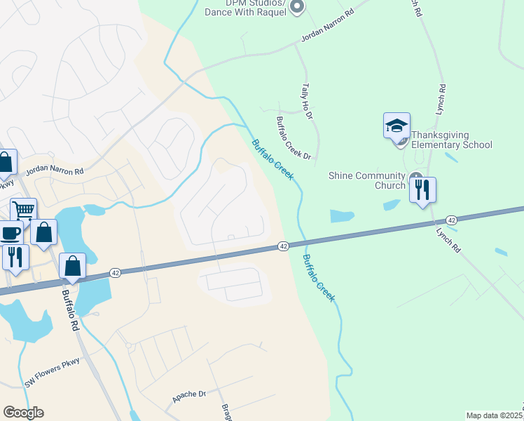 map of restaurants, bars, coffee shops, grocery stores, and more near 136 Bowhill Drive in Selma
