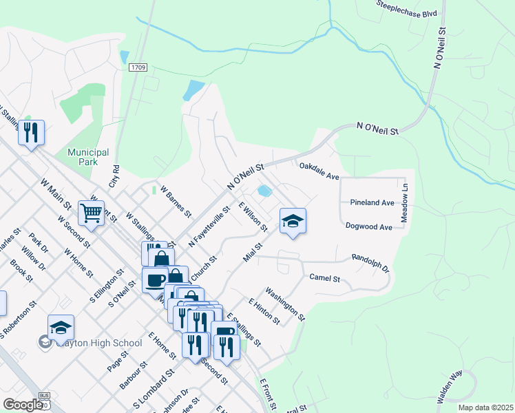 map of restaurants, bars, coffee shops, grocery stores, and more near in Clayton