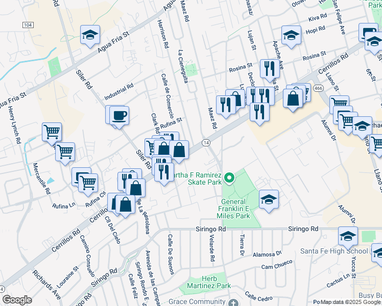 map of restaurants, bars, coffee shops, grocery stores, and more near in Santa Fe