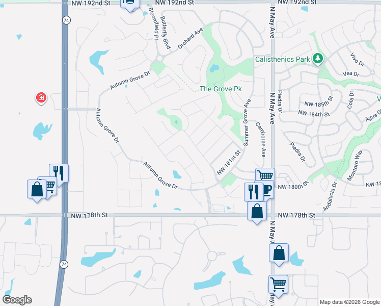 map of restaurants, bars, coffee shops, grocery stores, and more near 3045 Northwest 183rd Street in Edmond
