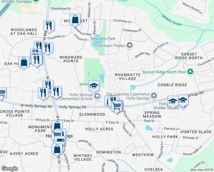 map of restaurants, bars, coffee shops, grocery stores, and more near 364 Skymont Drive in Holly Springs
