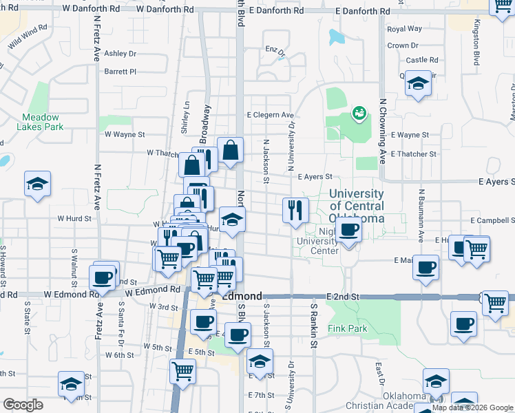 map of restaurants, bars, coffee shops, grocery stores, and more near 210 East Edwards Street in Edmond