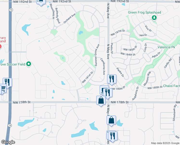 map of restaurants, bars, coffee shops, grocery stores, and more near 3005 Northwest 181st Street in Edmond