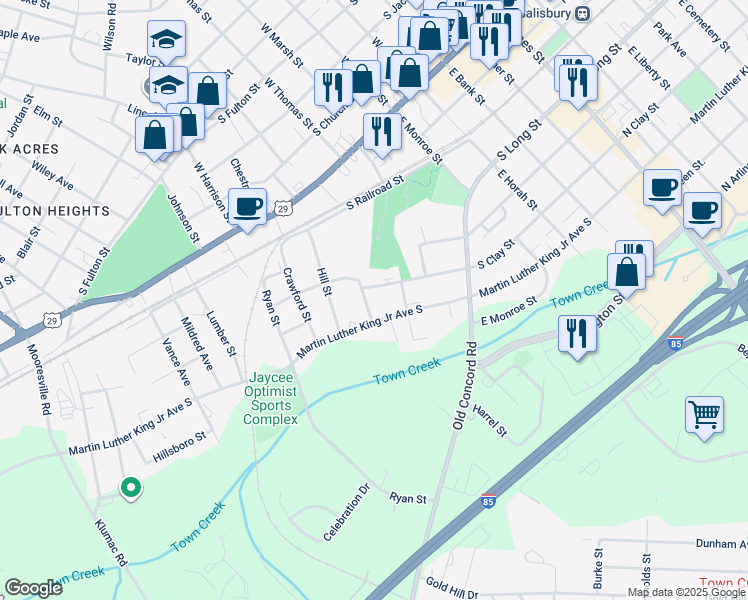 map of restaurants, bars, coffee shops, grocery stores, and more near 33 Knox Street in Salisbury