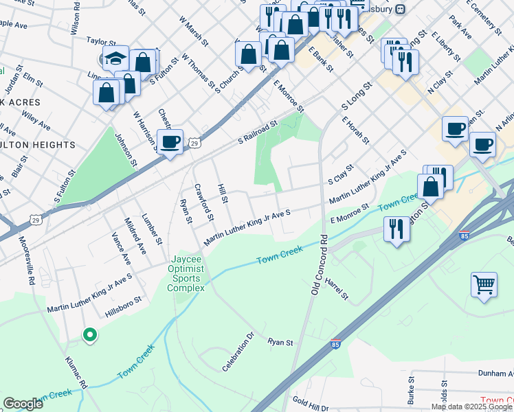 map of restaurants, bars, coffee shops, grocery stores, and more near 33 Knox Street in Salisbury