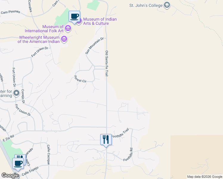 map of restaurants, bars, coffee shops, grocery stores, and more near 3813 Old Santa Fe Trail in Santa Fe