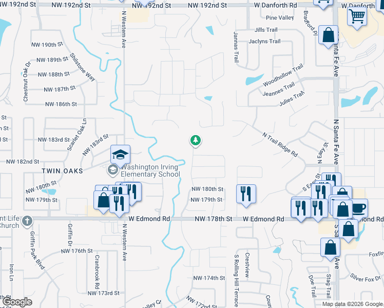 map of restaurants, bars, coffee shops, grocery stores, and more near 18413 Chisholm Creek Farm Lane in Edmond