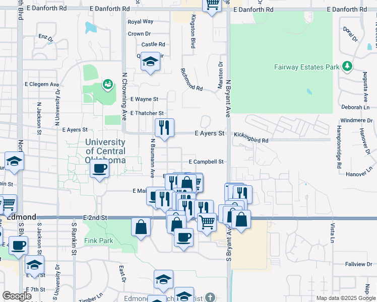 map of restaurants, bars, coffee shops, grocery stores, and more near 1207 East Edwards Street in Edmond
