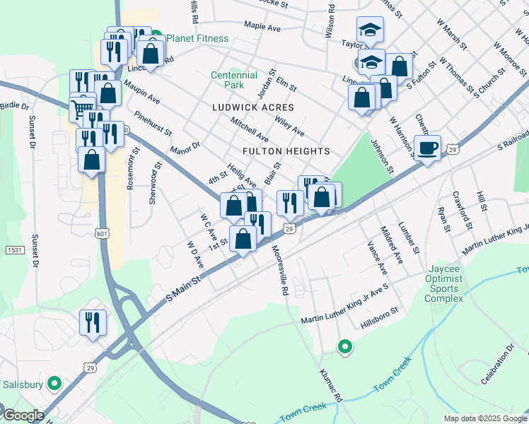 map of restaurants, bars, coffee shops, grocery stores, and more near 1530 1st Street in Salisbury