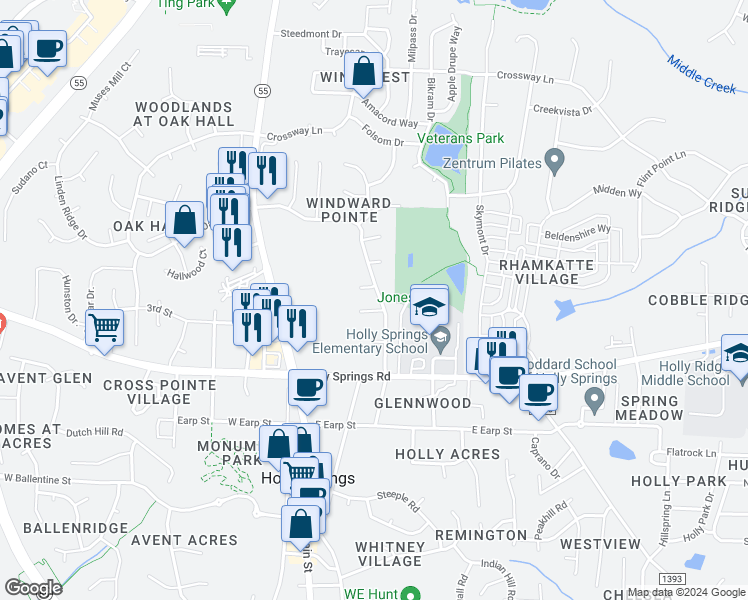 map of restaurants, bars, coffee shops, grocery stores, and more near 405 Cayman Avenue in Holly Springs