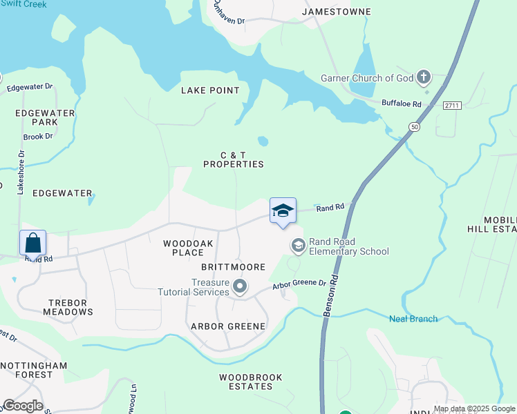 map of restaurants, bars, coffee shops, grocery stores, and more near 1117 Rand Road in Garner