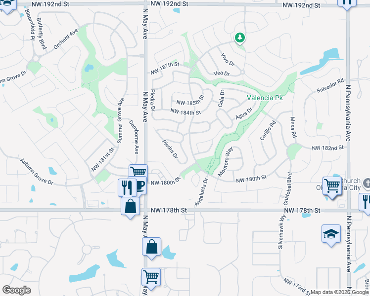 map of restaurants, bars, coffee shops, grocery stores, and more near 18217 Bonita Way in Edmond