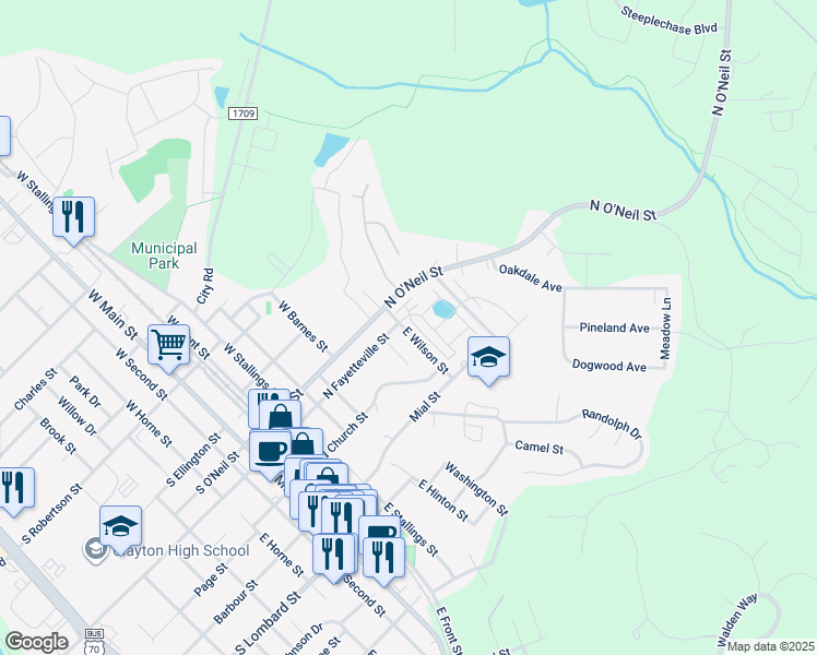 map of restaurants, bars, coffee shops, grocery stores, and more near 151 East Wilson Street in Clayton