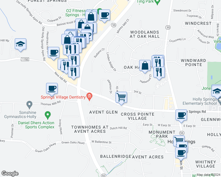 map of restaurants, bars, coffee shops, grocery stores, and more near Hunston Drive in Holly Springs