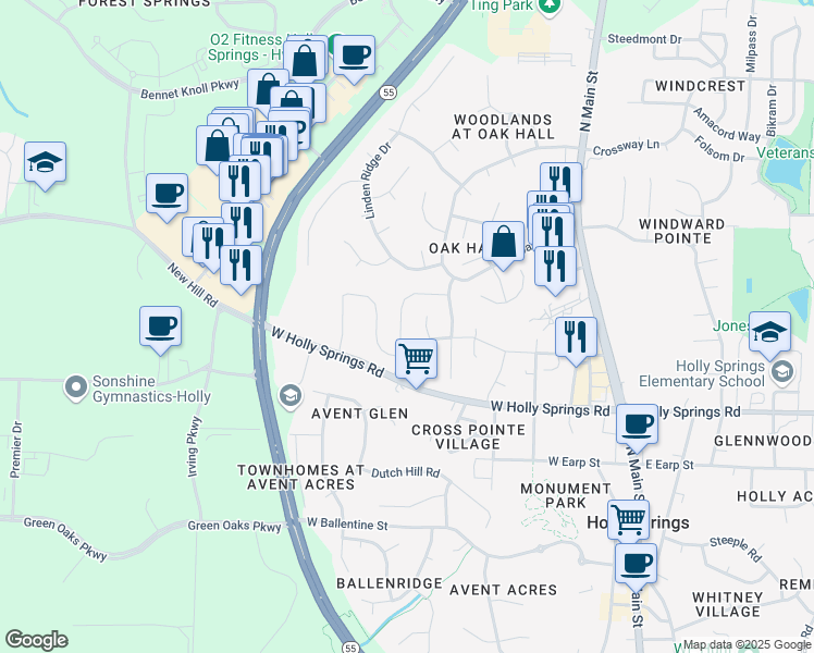 map of restaurants, bars, coffee shops, grocery stores, and more near 137 Gremar Drive in Holly Springs