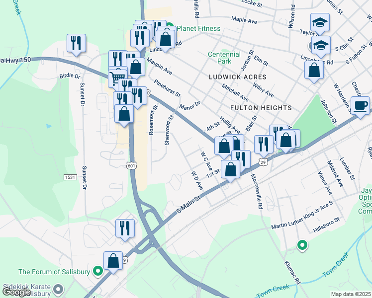 map of restaurants, bars, coffee shops, grocery stores, and more near 406 D Avenue in Salisbury