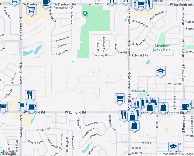 map of restaurants, bars, coffee shops, grocery stores, and more near 215 Jennifer Avenue in Edmond