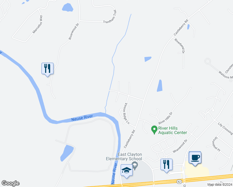 map of restaurants, bars, coffee shops, grocery stores, and more near 18 Andrea Drive in Clayton