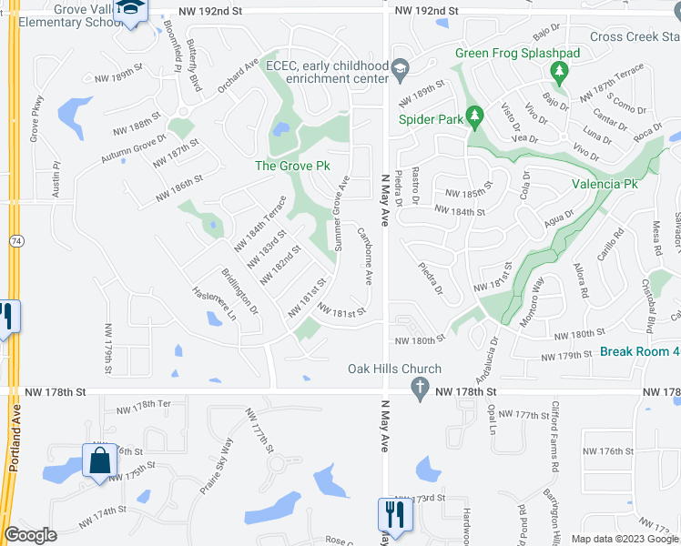map of restaurants, bars, coffee shops, grocery stores, and more near 18232 Summer Grove Avenue in Edmond