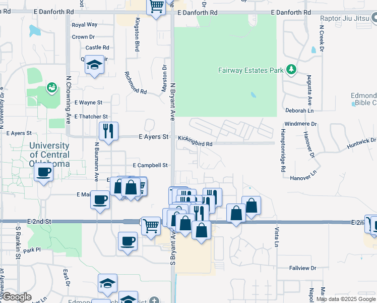 map of restaurants, bars, coffee shops, grocery stores, and more near 2 North Bryant Avenue in Edmond
