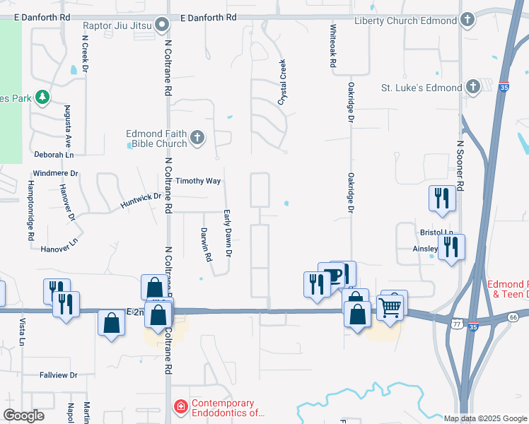map of restaurants, bars, coffee shops, grocery stores, and more near 3316 Ozark Drive in Edmond