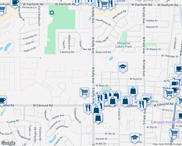 map of restaurants, bars, coffee shops, grocery stores, and more near 1007 Pruett Drive in Edmond