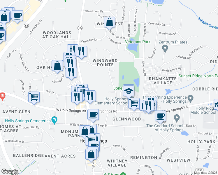 map of restaurants, bars, coffee shops, grocery stores, and more near 408 Saint Kitts Court in Holly Springs