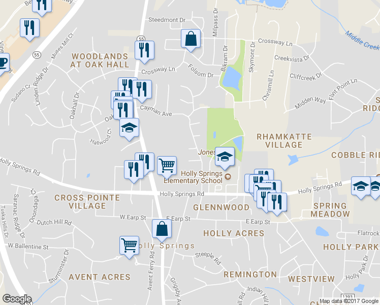 map of restaurants, bars, coffee shops, grocery stores, and more near 408 Saint Kitts Court in Holly Springs
