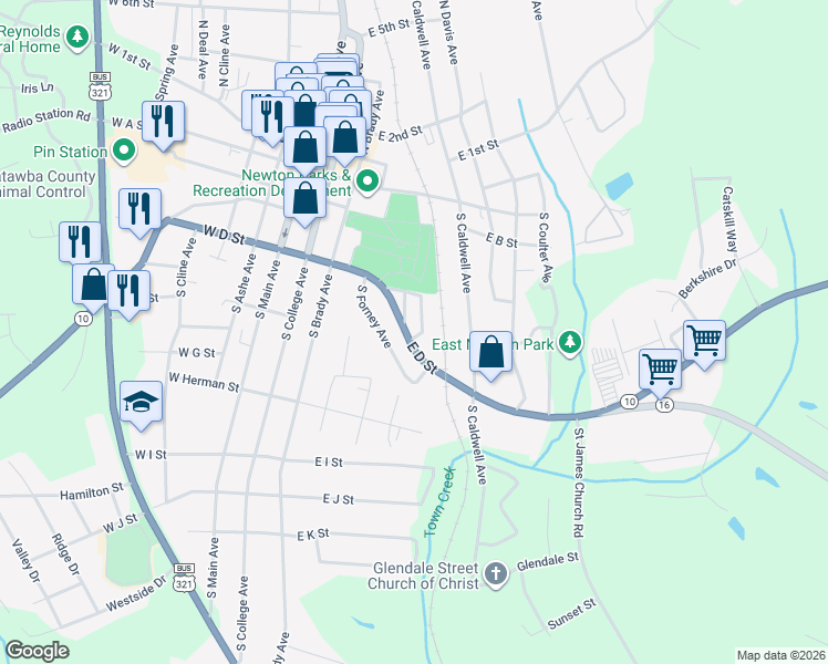map of restaurants, bars, coffee shops, grocery stores, and more near 426 East D Street in Newton