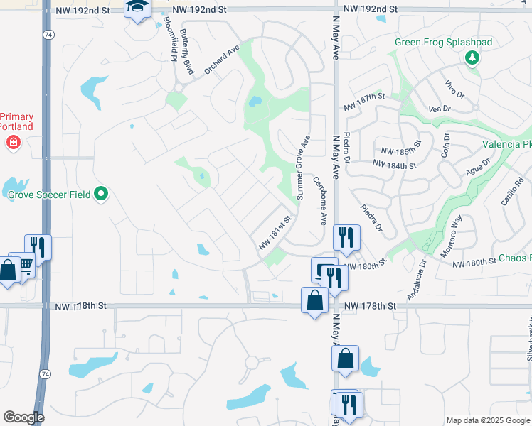 map of restaurants, bars, coffee shops, grocery stores, and more near 3021 Northwest 182nd Terrace in Edmond