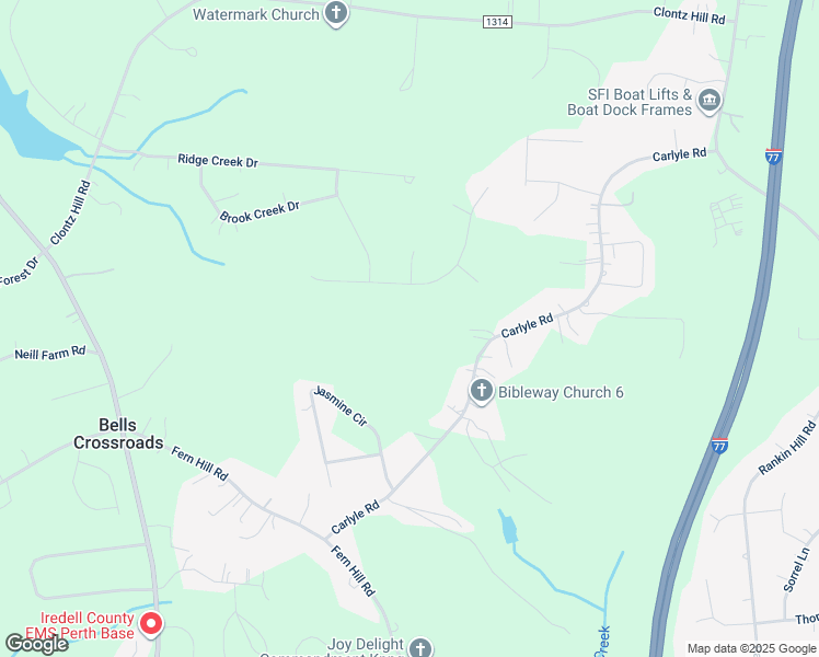 map of restaurants, bars, coffee shops, grocery stores, and more near Carlyle Road in Troutman