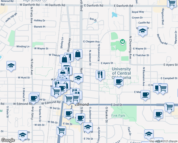 map of restaurants, bars, coffee shops, grocery stores, and more near 213 North Jackson Street in Edmond