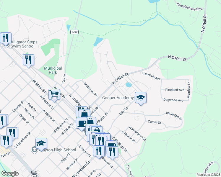 map of restaurants, bars, coffee shops, grocery stores, and more near 105 Starmount Road in Clayton