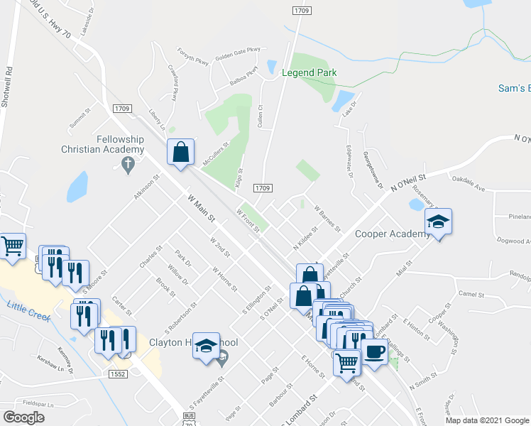 map of restaurants, bars, coffee shops, grocery stores, and more near 422 West Stallings Street in Clayton