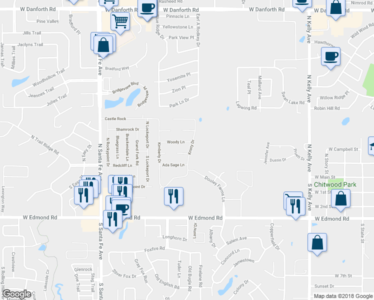 map of restaurants, bars, coffee shops, grocery stores, and more near 1701 Shady Court in Edmond