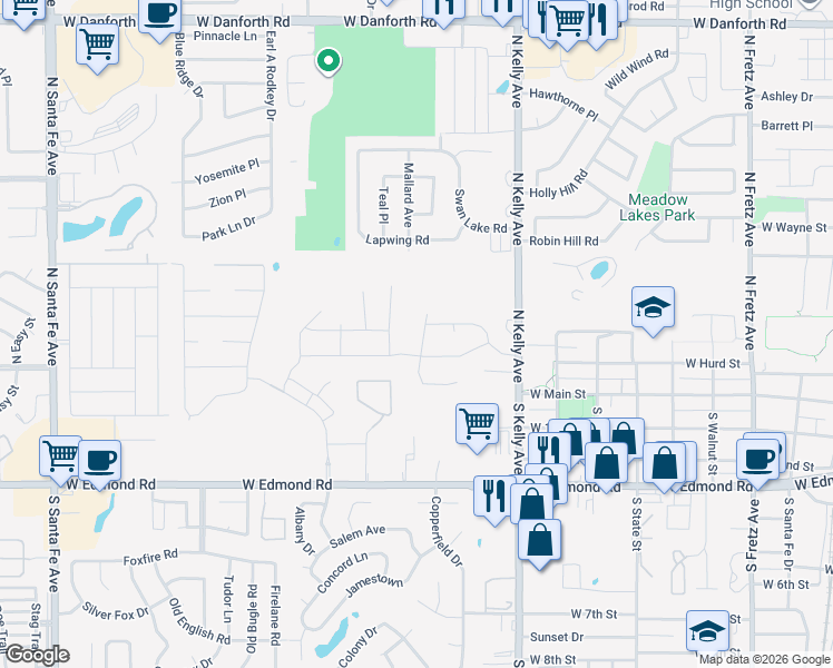 map of restaurants, bars, coffee shops, grocery stores, and more near 215 Jennifer Avenue in Edmond
