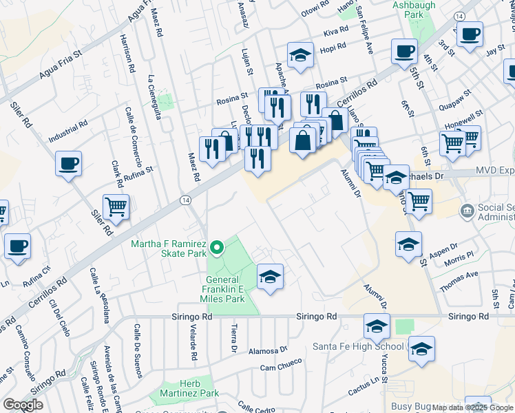 map of restaurants, bars, coffee shops, grocery stores, and more near 2516 Cerrillos Road in Santa Fe
