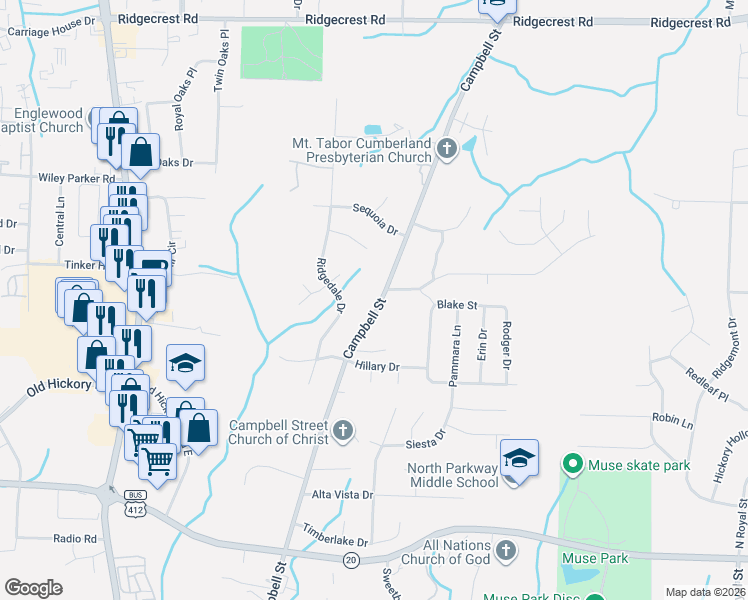 map of restaurants, bars, coffee shops, grocery stores, and more near 1643 Campbell Street in Jackson