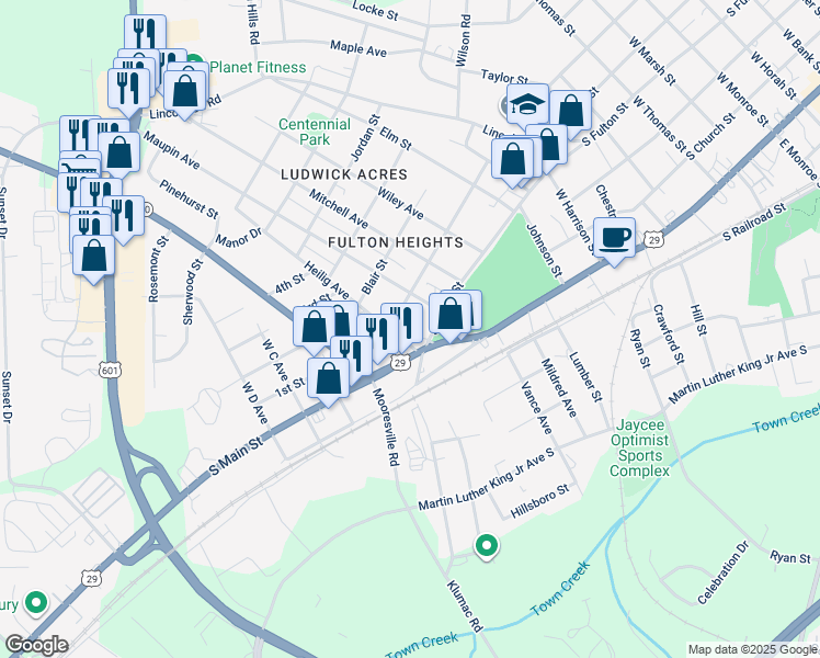 map of restaurants, bars, coffee shops, grocery stores, and more near 1415 Crosby Street in Salisbury