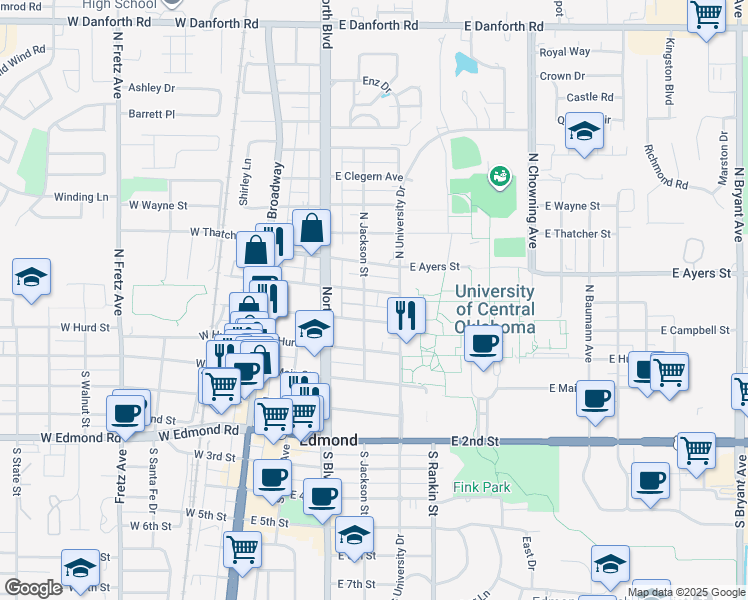 map of restaurants, bars, coffee shops, grocery stores, and more near 306 East Edwards Street in Edmond