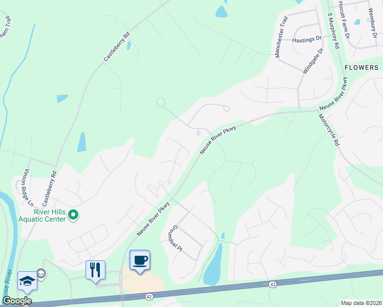 map of restaurants, bars, coffee shops, grocery stores, and more near 3614 East Cotton Gin Drive in Clayton